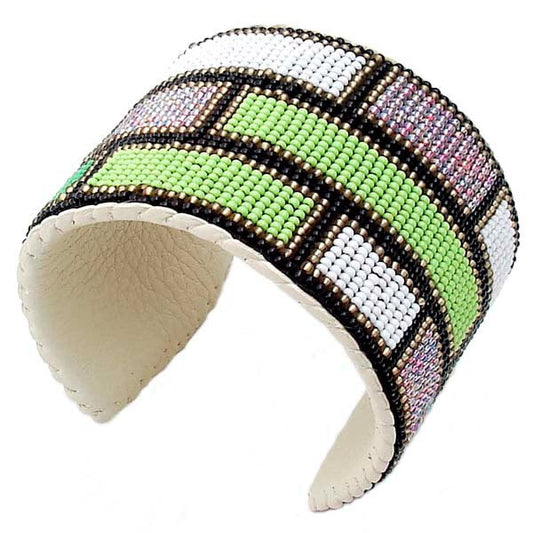 Purple Green White Golden Geometric Beadwork Mens Cuff Bracelet - Handmade Adjustable Leather Strap