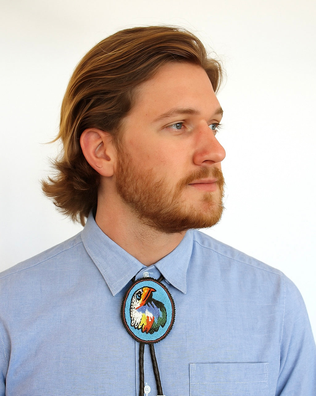 Handmade beaded Cyan Blue Eagle Black Leather Bolo Tie