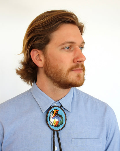 Handmade beaded Cyan Blue Eagle Black Leather Bolo Tie