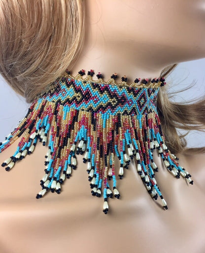 Handmade Cyan Blue, Red Statement Choker Necklace