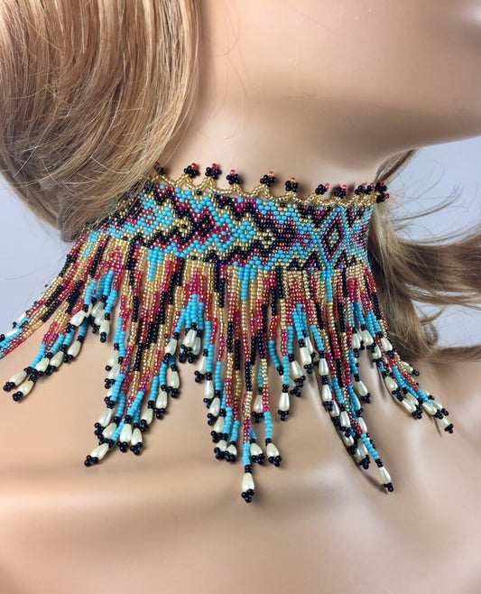 Handmade Cyan Blue, Red Statement Choker Necklace