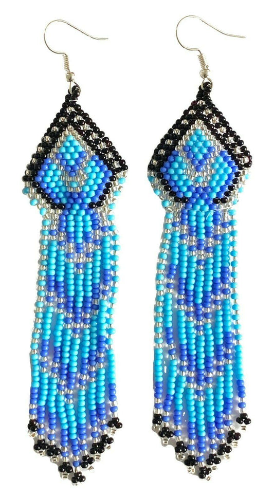 Native Style Ethnic Blue Black Seed Beaded Handmade Chandelier Earrings E61/11