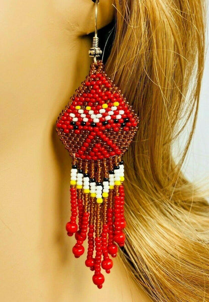 Native Style Thunderbird Handmade Ethnic Brown Red Beaded Earrings E2/10
