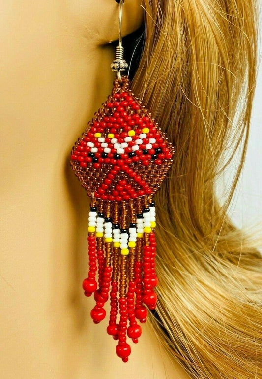 Native Style Thunderbird Handmade Ethnic Brown Red Beaded Earrings E2/10