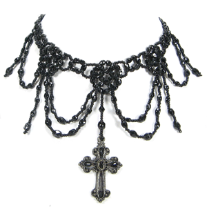 Seed Beaded Black Victorian Cross Statement Necklace Earrings Set