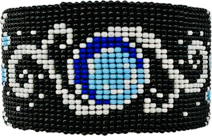 Handmade Beaded Black White Leather Hard Cuff Bracelet