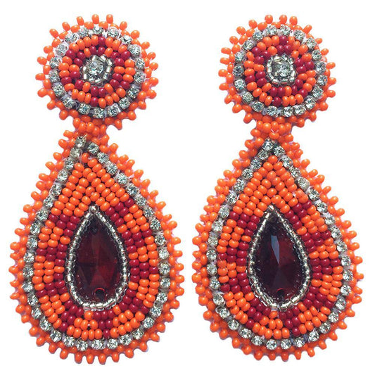 Handmade Beaded Teardrop Shape Post Earrings with Czech Seed Beads - 3 Inches Long, 1.5 Inch Wide - Orange Maroon