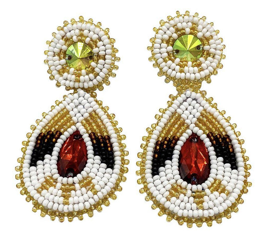 Handmade Beaded Teardrop Shape Post Earrings with Czech Seed Beads - 3 Inches Long, 1.5 Inch Wide - White Maroon