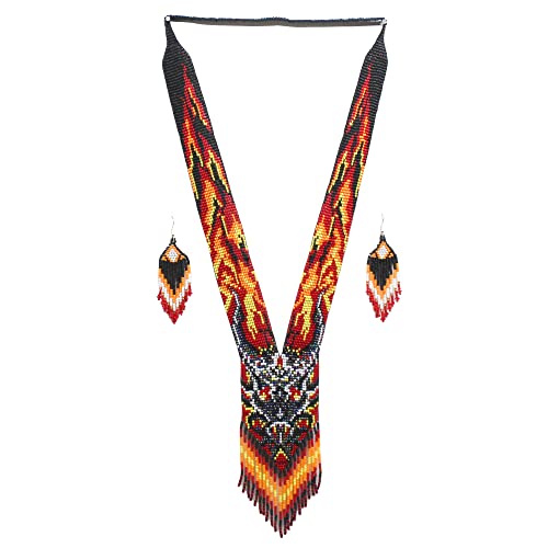 Native Tribal Style Long Statement Beaded Necklace for Women Y Shape - Black Fire Animal