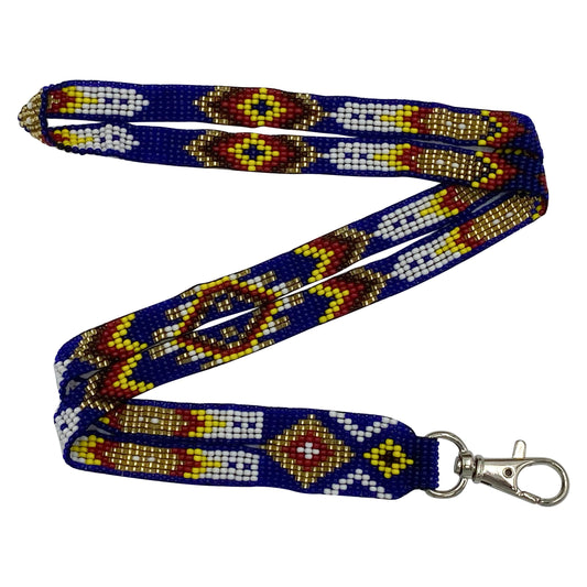 Blue Golden Red Beaded Feather Beadwork Lanyard Id Holder