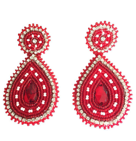 Handmade Beaded Teardrop Shape Post Earrings with Czech Seed Beads - 3 Inches Long, 1.5 Inch Wide - Red