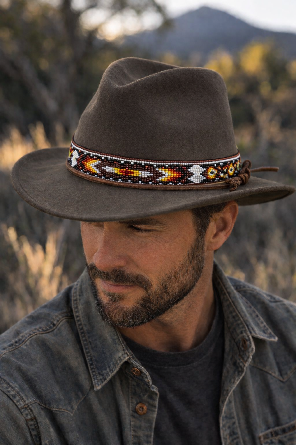 Handmade Czech Seed Bead Adjustable Hat Band – Western Brown Hatband with Fire Color