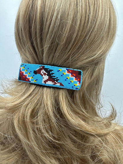 Handmade Beaded Cyan Blue and Brown Barrette with Horse Pattern