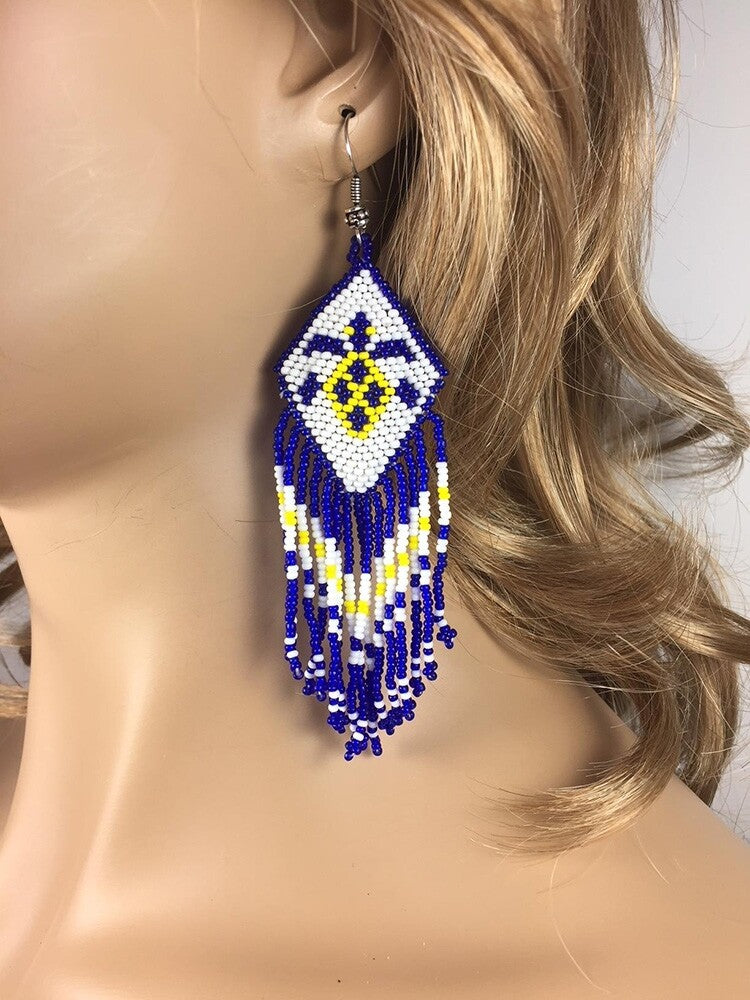 Blue White Yellow Seed Beaded Turtle Earrings