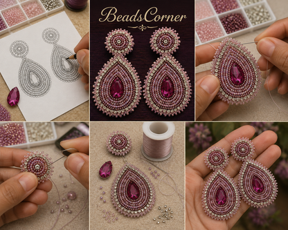 Handmade Beaded Teardrop Shape Post Earrings, 3 Inches Long, 1.5 Inch Wide - Purple