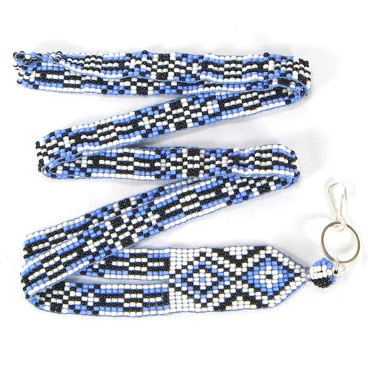 Blue White Black Geometric Art Beaded Lanyard Beadwork