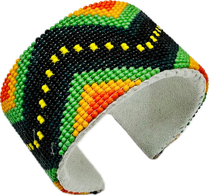 Handmade Beaded Green Orange leather hard cuff Bracelet
