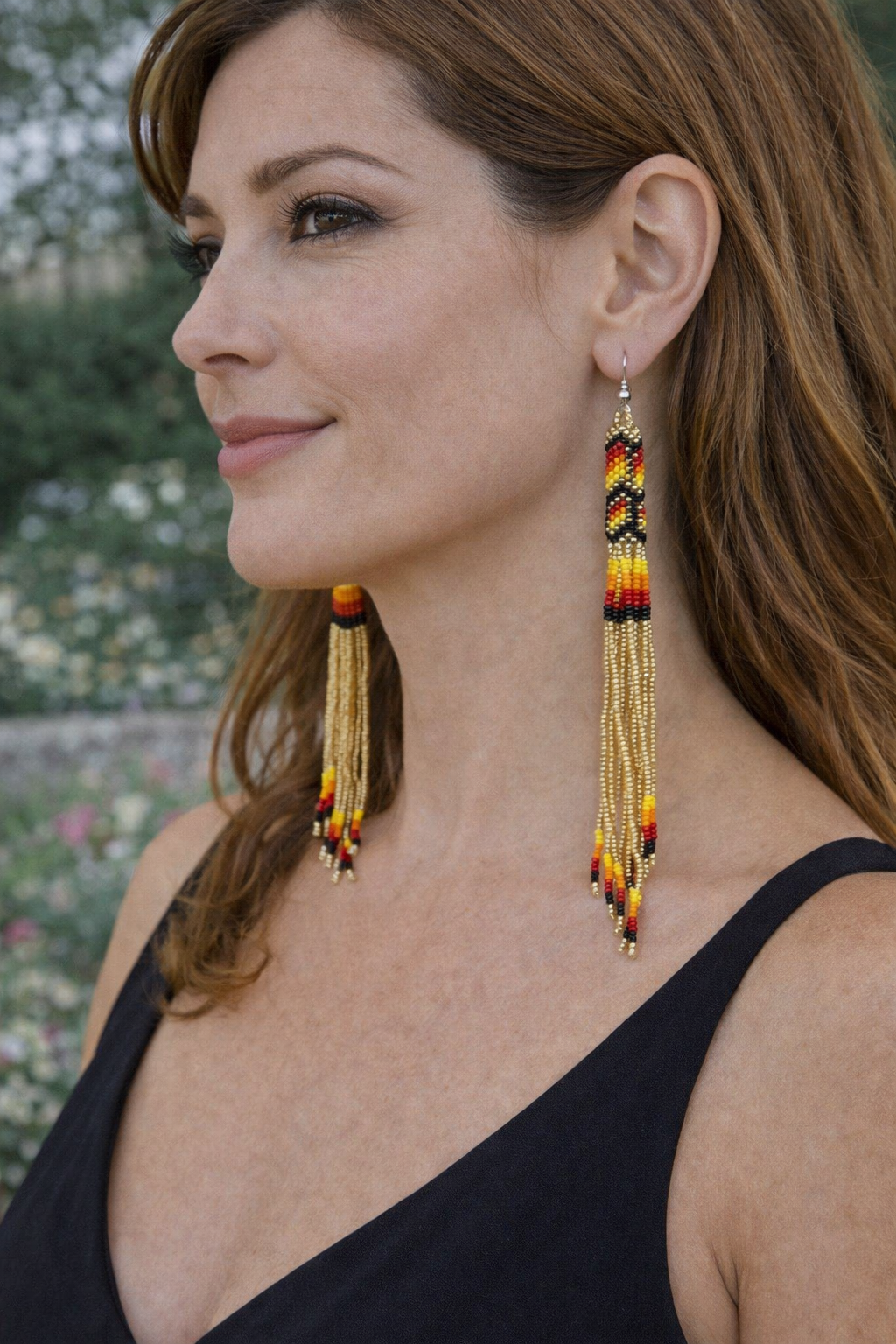 Handmade Beaded Earrings 5 Inch Long - Gold