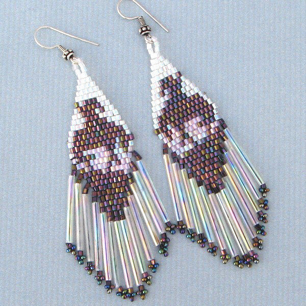 Handmade Beaded Brown White Delica End Of Trail Big Earrings