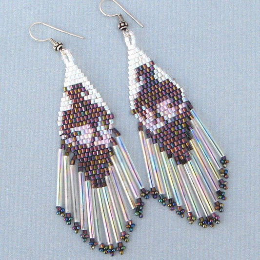 Handmade Beaded Brown White Delica End Of Trail Big Earrings