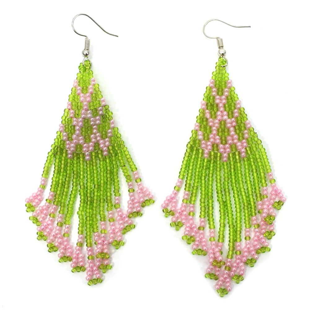 Olive Green &amp; Pink Handmade Beaded Earrings