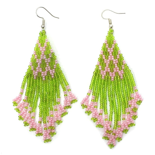 Olive Green &amp; Pink Handmade Beaded Earrings
