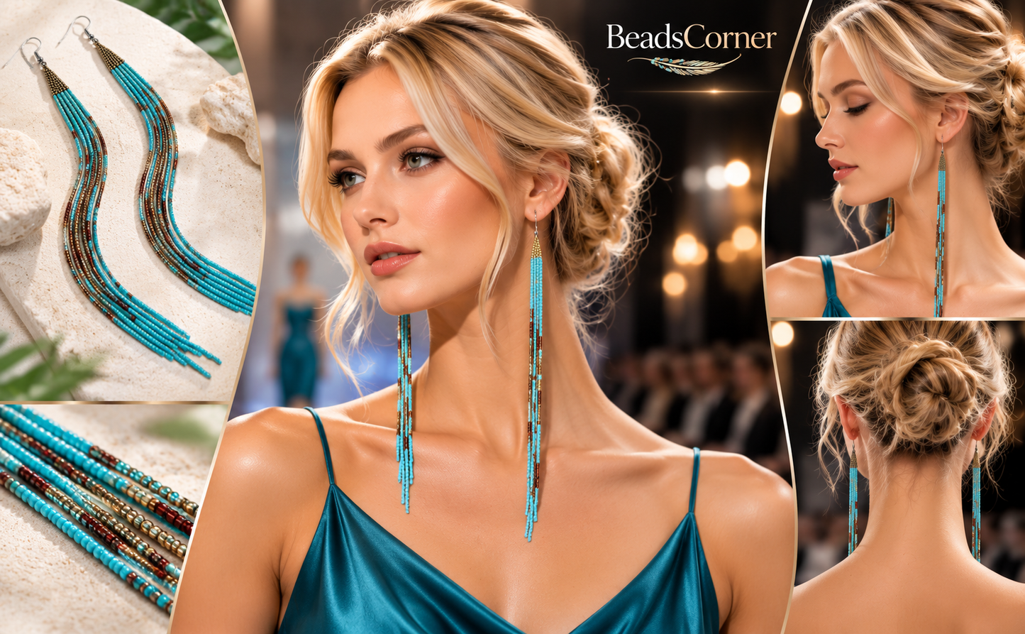 Handmade Extra Long Beaded Statement Drop/ Dangle Earrings (Cyan Copper)