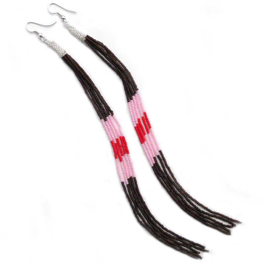 Brown Pink Glass Seed Beads Beaded Extra Long Earrings 7.5 Inch
