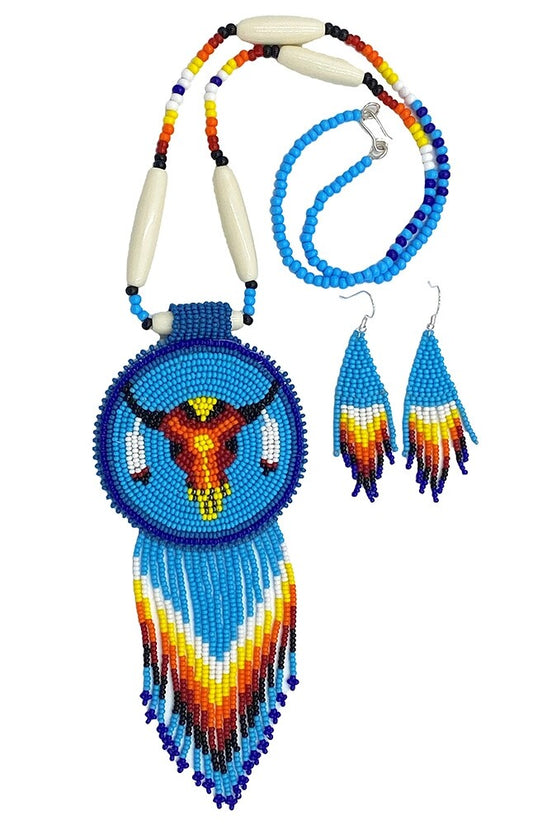 Turquoise Blue Beaded Bull Skull Medallion Necklace Set