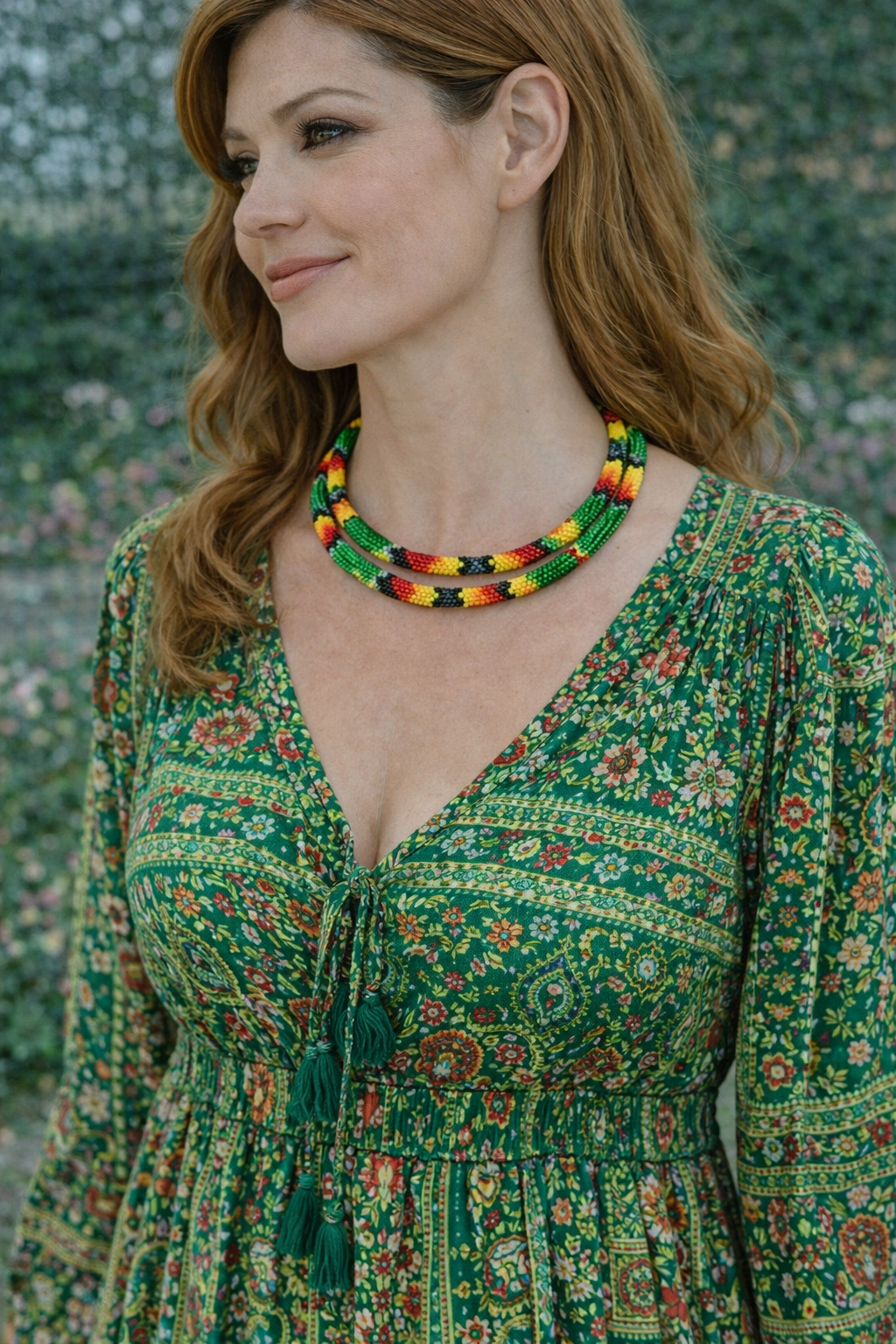 Handmade Beaded Green Rope double layered necklace