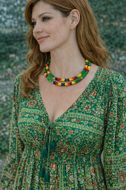 Handmade Beaded Green Rope double layered necklace