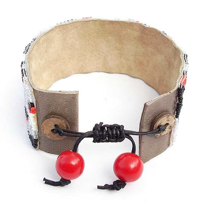 Handmade Grey Red Seed Beads Soft Cuff Bracelet Leather Bracelet