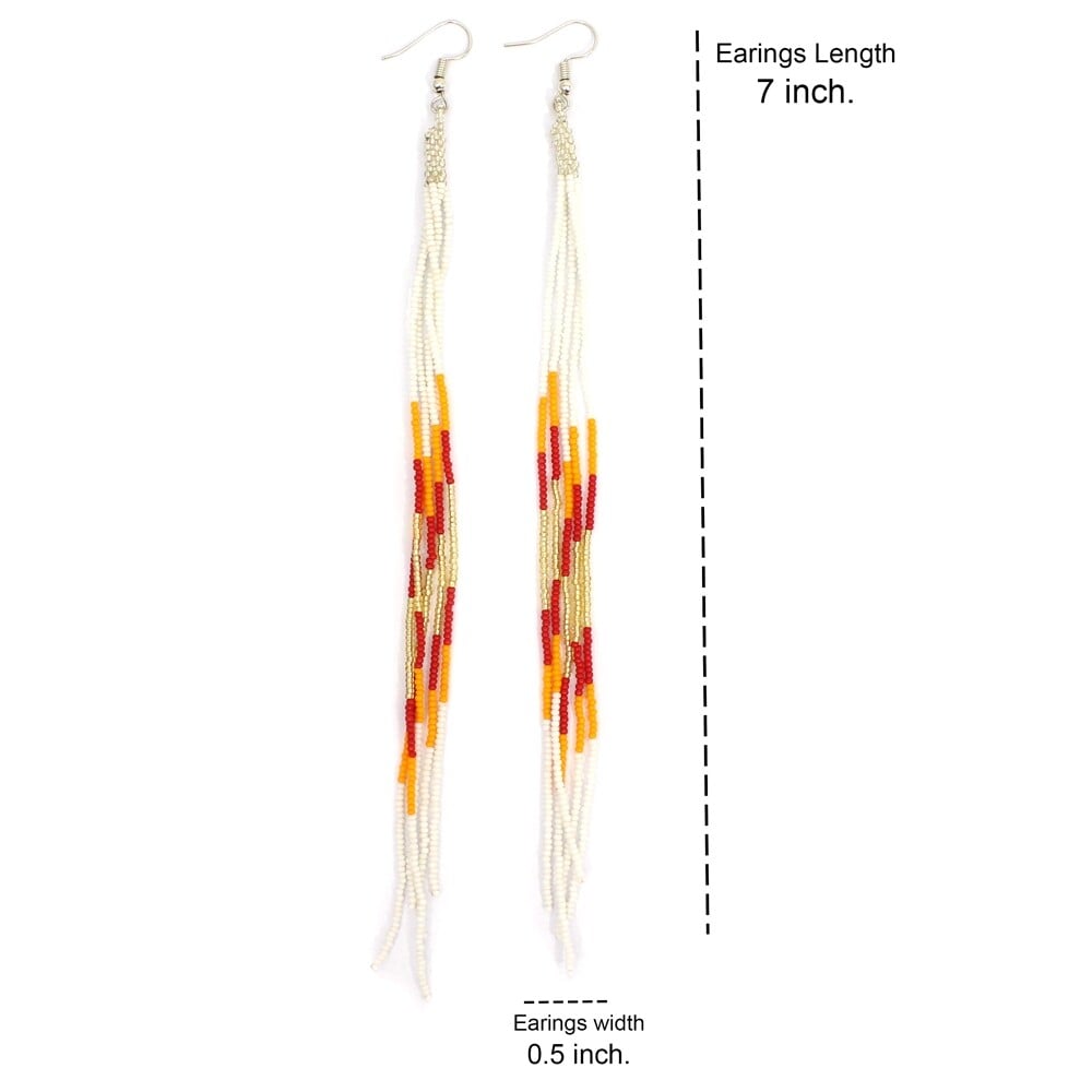 White Orange Glass Seed Beads Beaded Extra Long Earrings 7.5 Inch