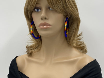 Handmade Native Style 3 Inch Hoop Earrings with Czech Seed Beads - Deep Blue