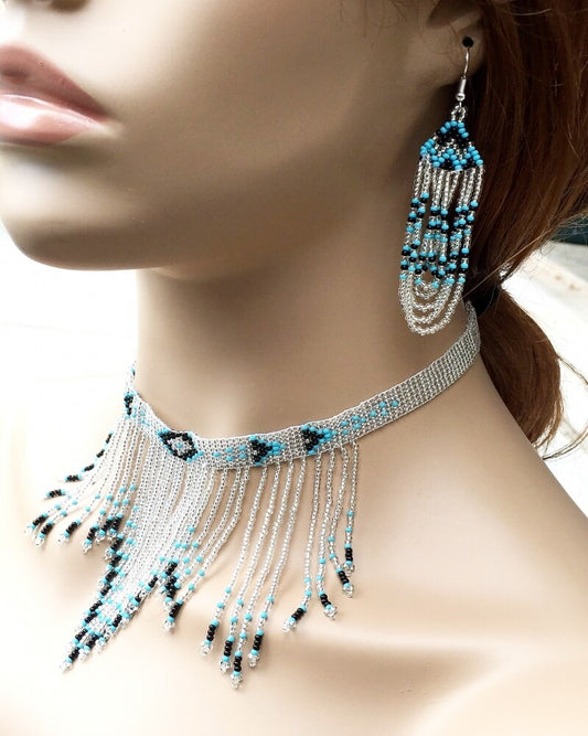 Turquoise &amp; Black Beaded Silver Necklace Earrings Set
