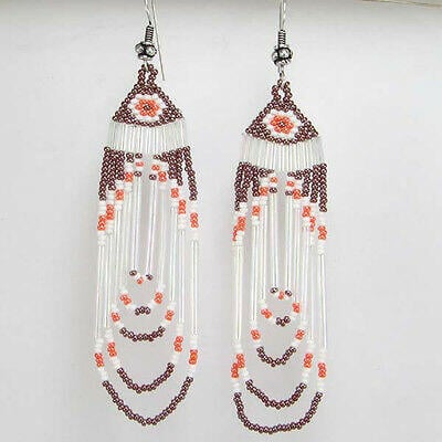 Handmade Native Style Brown Pink Beaded Drop/Dangle Hook Earrings E14/52