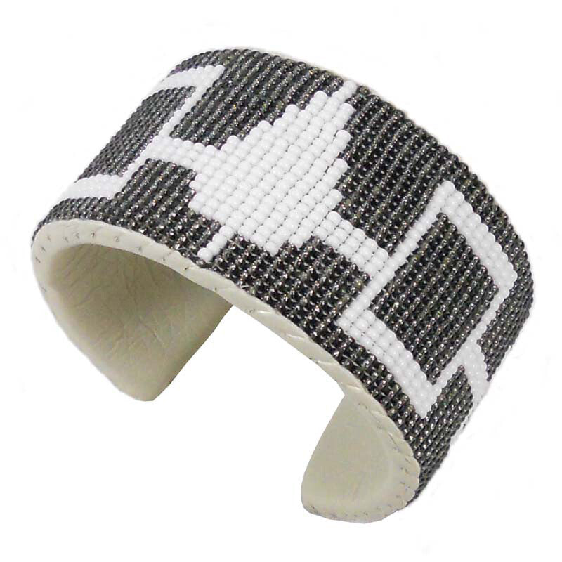 Handcrafted Iris Grey White Seed Beads Hiawatha Beadwork Beaded Cuff Adjustable Bracelet Leather