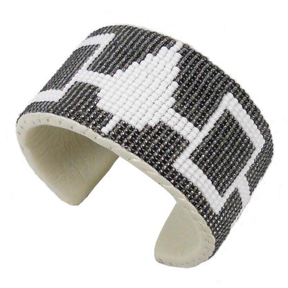 Handcrafted Iris Grey White Seed Beads Hiawatha Beadwork Beaded Cuff Adjustable Bracelet Leather