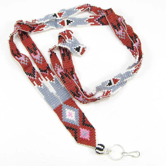 Handmade Red Grey White Seed Beaded Lanyard Id Holder