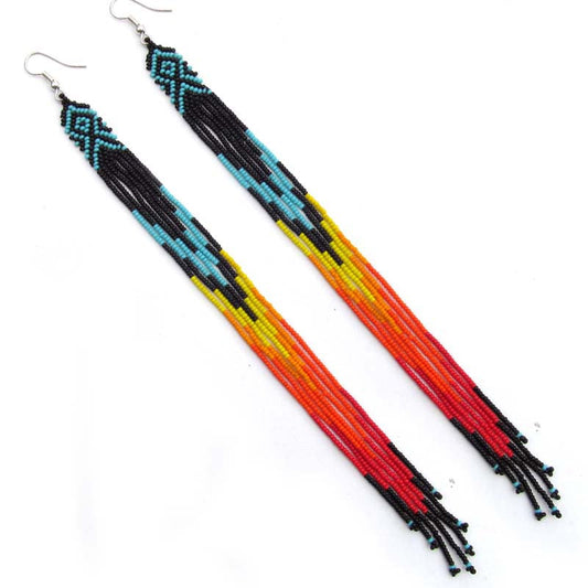 Black Fire Color Glass Seed Beads Beaded Extra Long Earrings 7.5 Inch