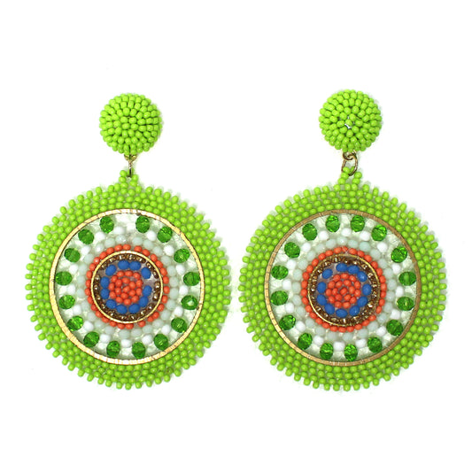 Handmade Beaded Bright Neon Colorful Post Round Earrings for Women All Season - Olive Green