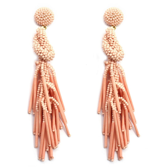Handmade Beaded Solid Color Post Statement Earrings for Women Girl All Season - 4 inch Long Dangle with Celtic Knot Design - Czech Seed Beads - Salmon