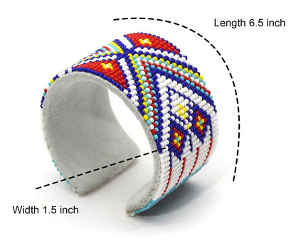 Handmade Beaded Cuff - White Red Blue Geometric Pattern - Adjustable and Bendable