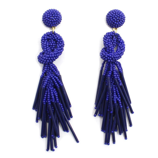 Handmade Beaded Solid Color Post Statement Earrings for Women Girl All Season - 4 inch Long Dangle with Celtic Knot Design - Czech Seed Beads - Deep Blue