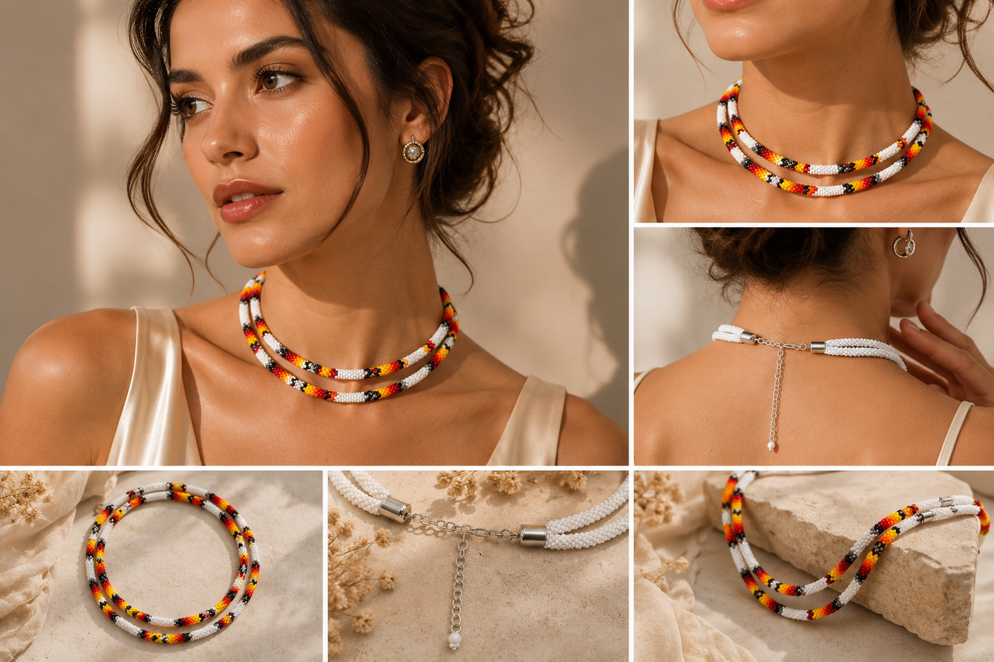 Native American Style Beaded Double Strand Rope Necklace - White Fire
