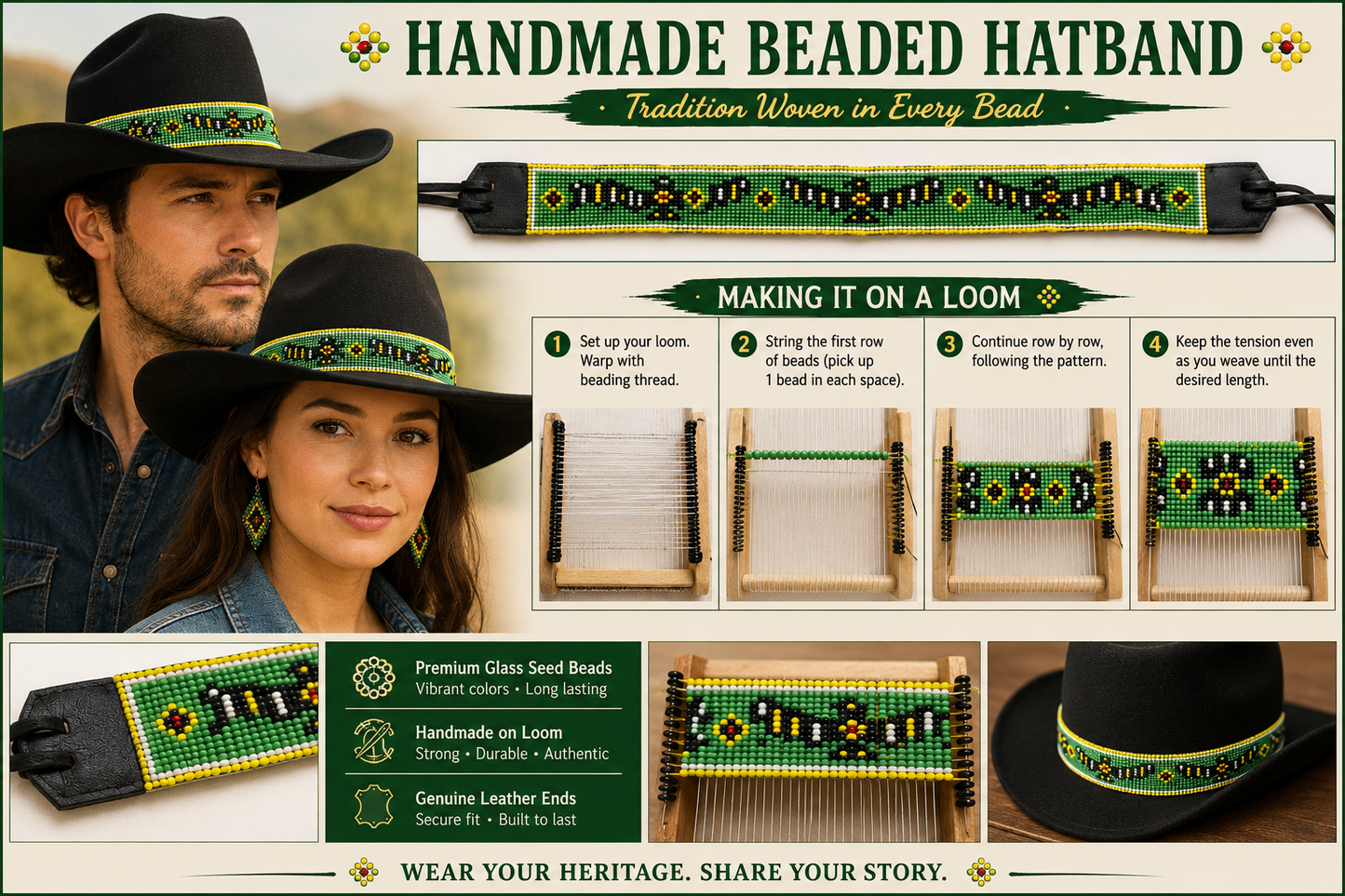 Handmade Czech Seed Bead Adjustable Hat Band – Green Western Hatband with Yellow and Black