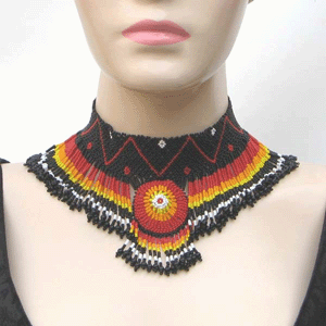 Handmade Beaded Black Seed Bead Fire Colors Medallion Necklace