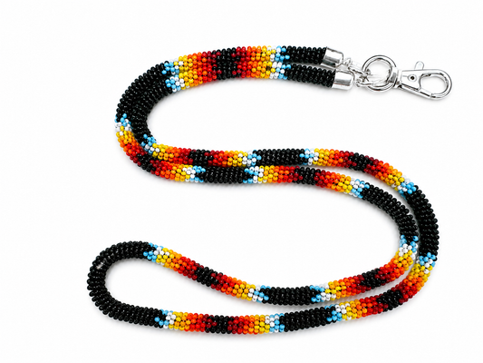Handmade Beaded Black Lanyard Necklace – Colorful Seed Bead ID Badge Holder