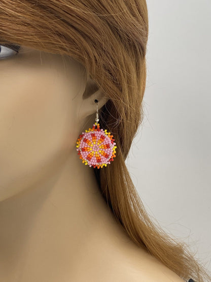 Handmade Beaded Cute Round Pink Earrings