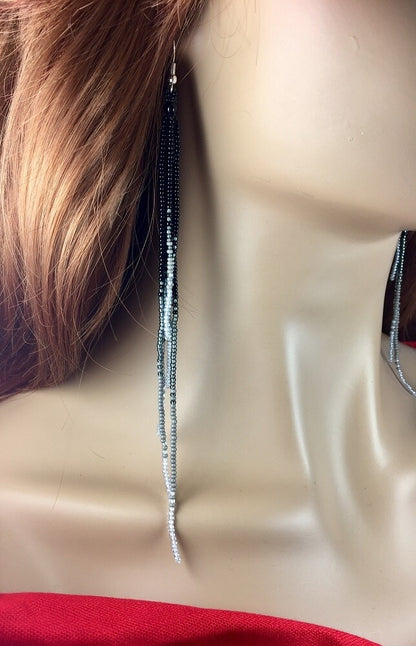 Handcrafted Beaded Black Grey Yellow Extra Long Earrings